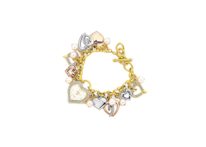 Three Tone Plated Womens Pearl Charm Toggle Bracelet